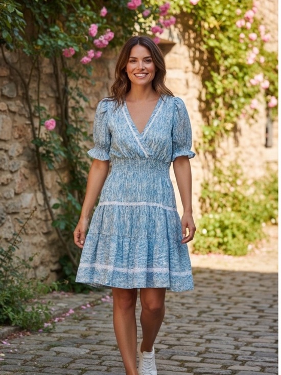 Taylor Dresses & Skirts - Taylor Blue Printed Smocked-Waist V-Neck Women's Dress sz. 10